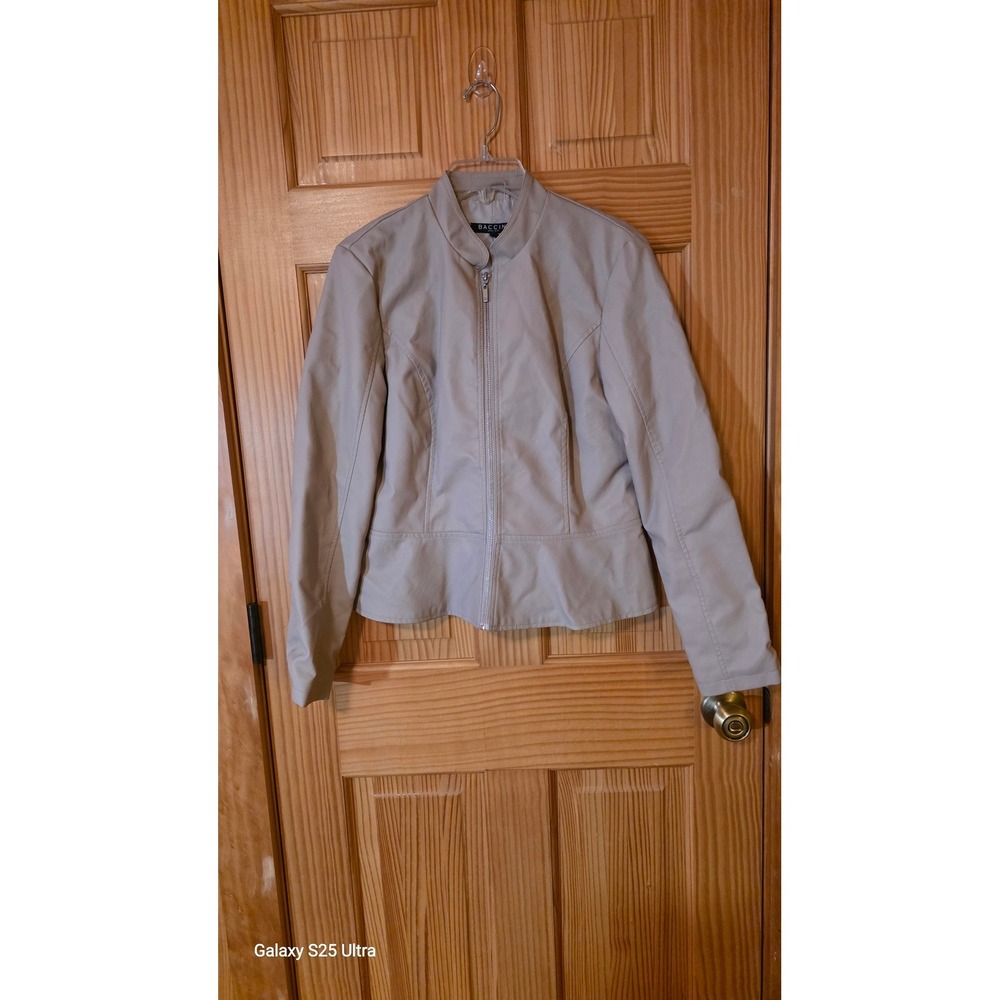 Baccini Womens Faux Leather Jacket Tan Beige Mock Neck Zip Up Size M